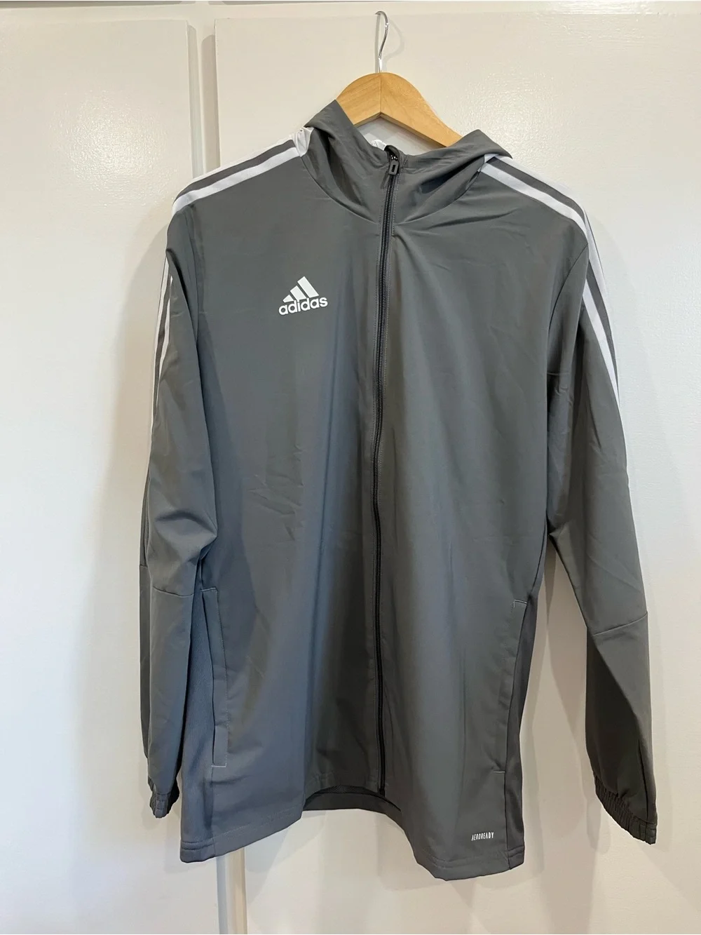 adidas Men’s Hooded Performance Jacket in Grey with White Stripes